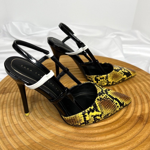 Zara Women’s Snake Print heeled sandals Pointed Toe Black/ Yellow Size 36 . - Picture 4 of 8